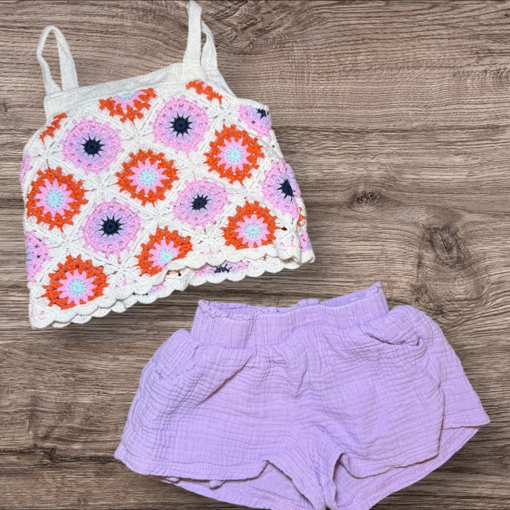 Colorful Crochet Tank Top and Purple Shorts Set